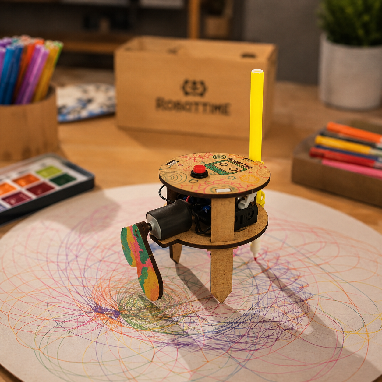 Robô desenhista girando e criando espirais coloridas no papel