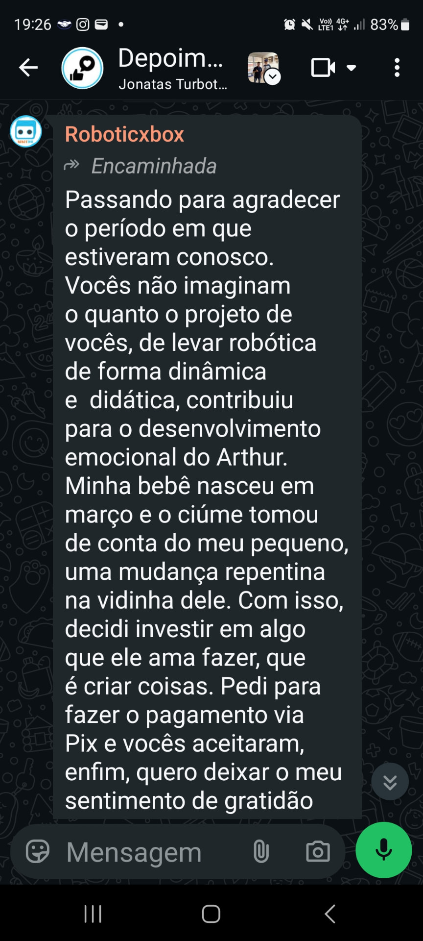 Depoimento de Jane Guimarães, mamãe do Arthur, enviado por mensagem