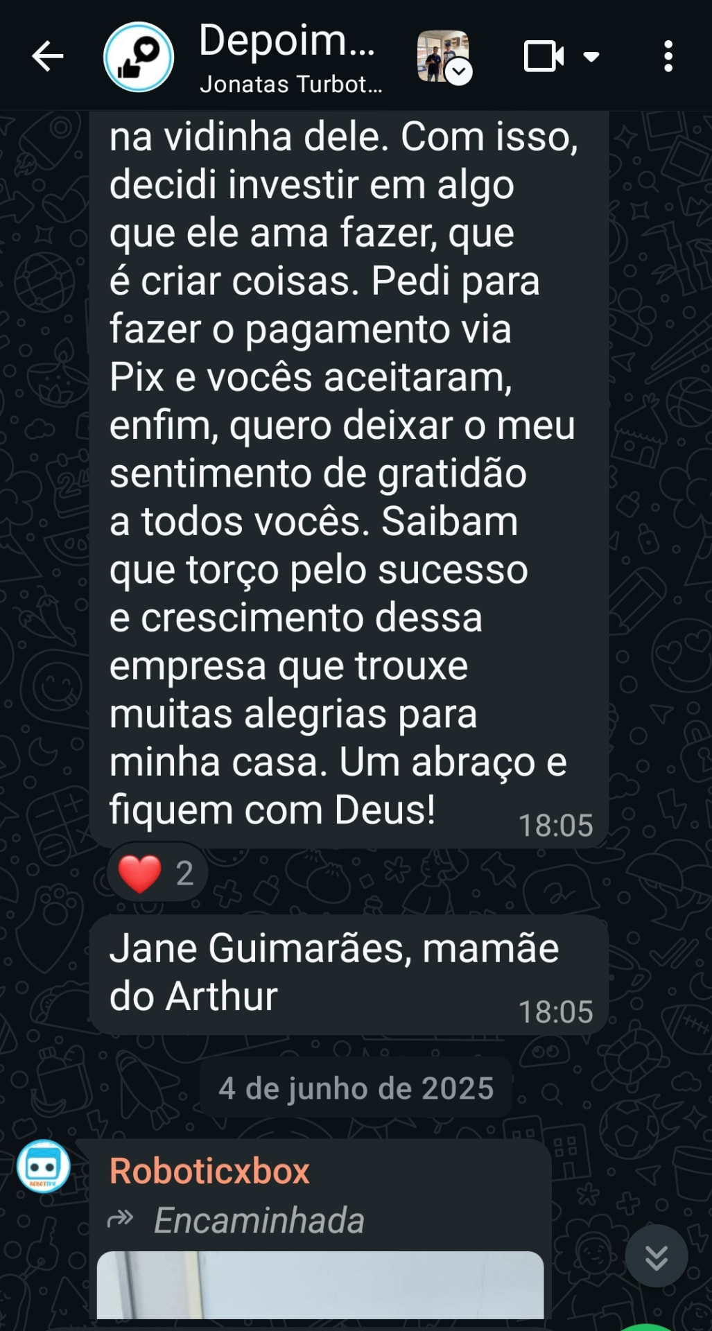Depoimento de Jane Guimarães, mamãe do Arthur, enviado por mensagem
