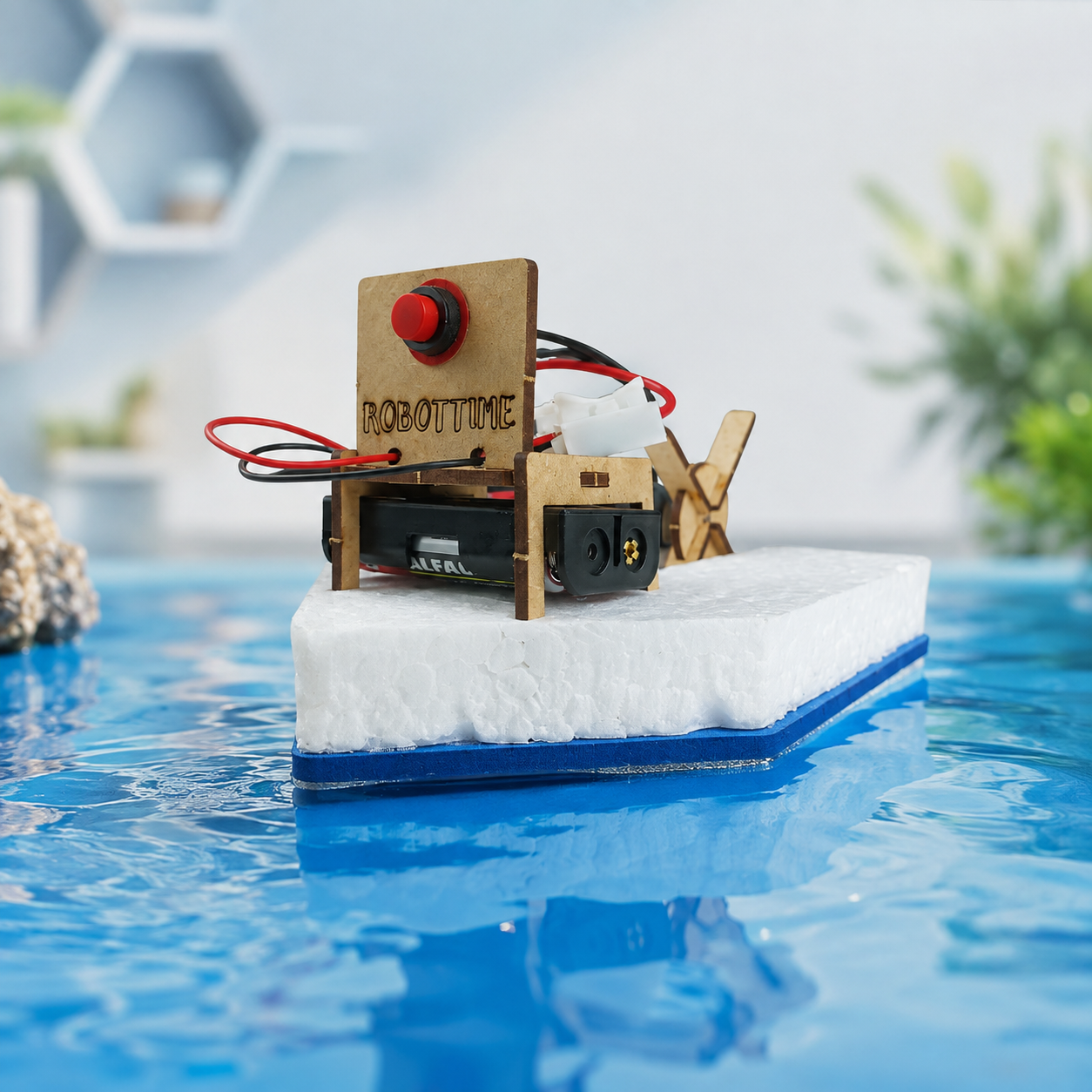 Barco de madeira com motor e hélice montado no kit Robottime flutuando na água