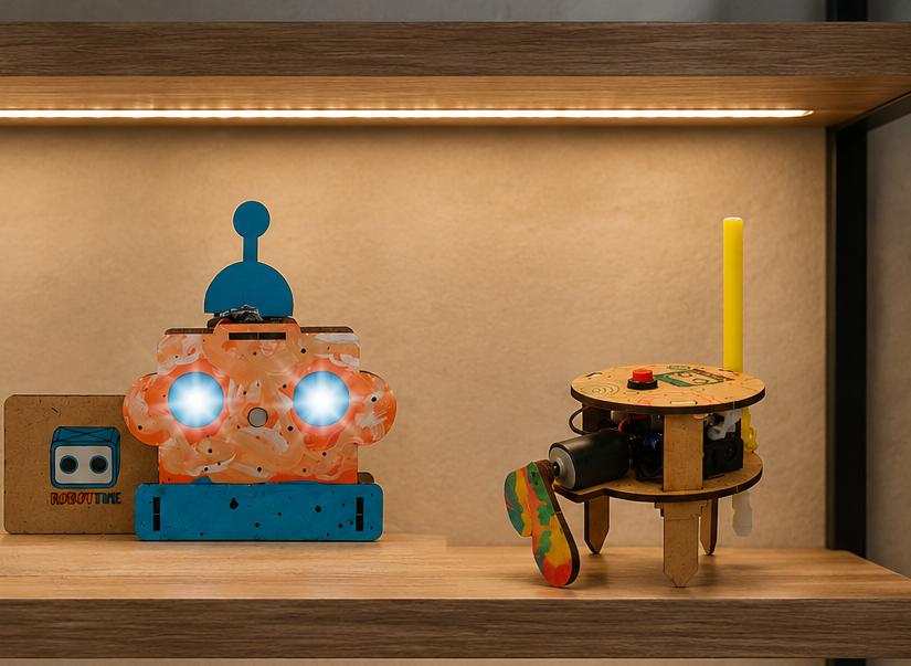 Robôs Robottime montados em uma prateleira iluminada