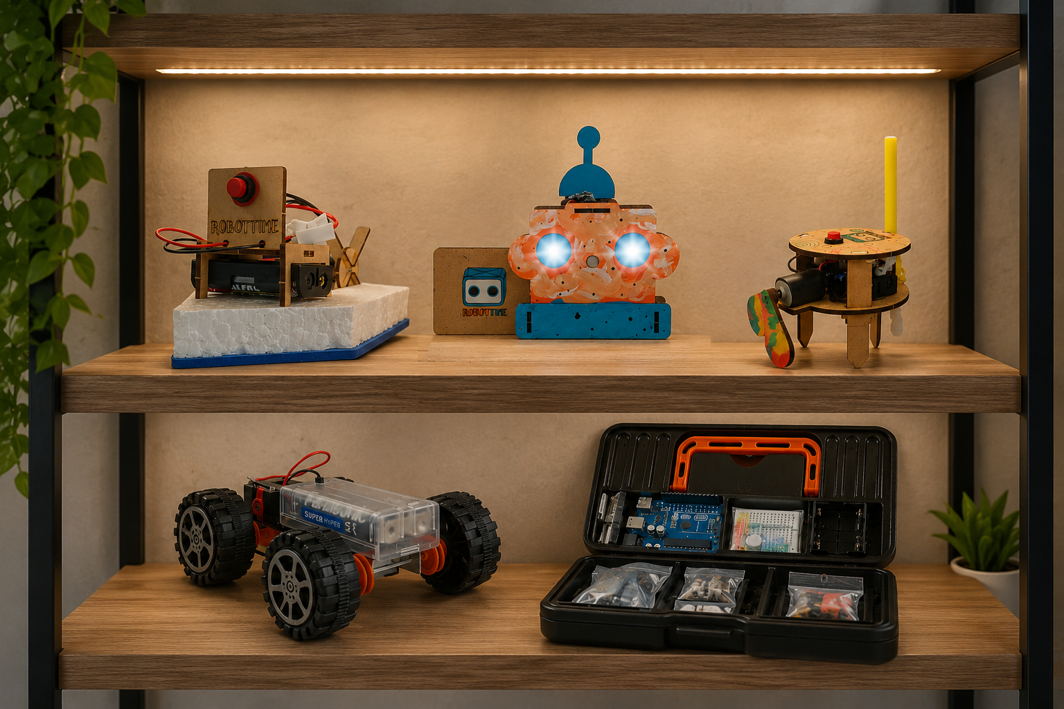 Prateleira com vários projetos Robottime montados e a maleta de componentes