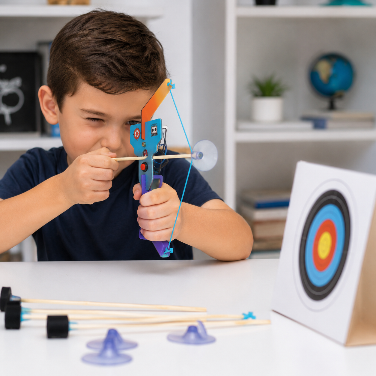 Menino mirando com um arco de brinquedo montado a partir do kit Robottime